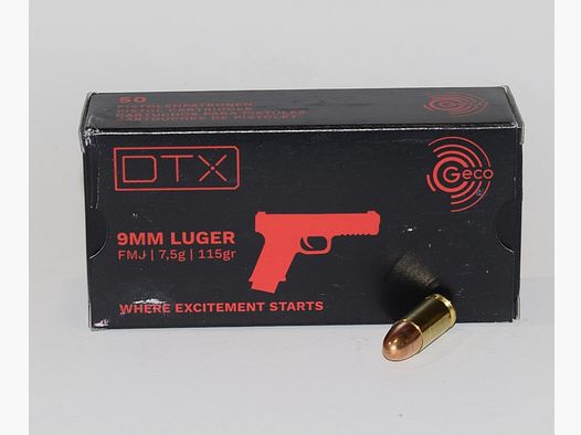 Box mit 50 Patronen GECO 9×19 Luger FMJ DTX 115 Grain