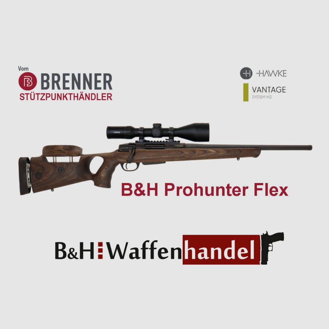 Brenner Komplettpaket: BR20 B&H Prohunter Flex Lochschaft mit Hawke 3-12x56 fertig montiert