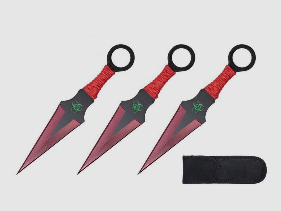 Kunai 3er Set Wurfmesser rot mit Nylon Scheide