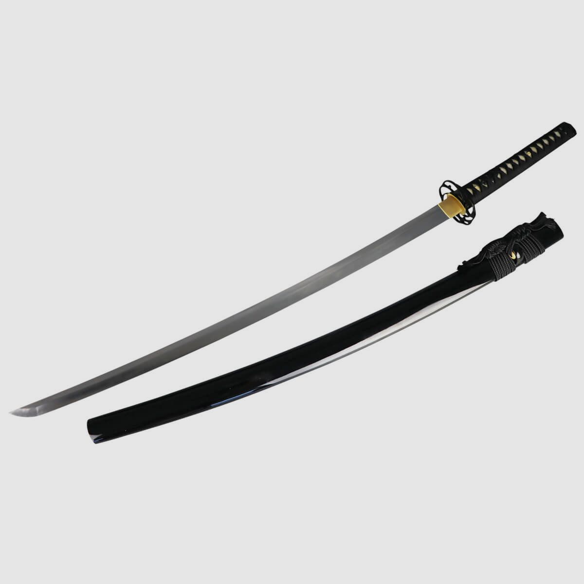 Katana de acero 1095 afilada con temple de arcilla saya negra con acabado brillante