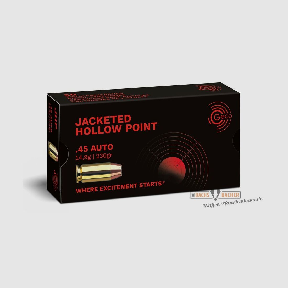 GECO .45 Auto JHP Jacketed Hollow Point 14,9g/230gr 50 cartouches, image 1 sur 2