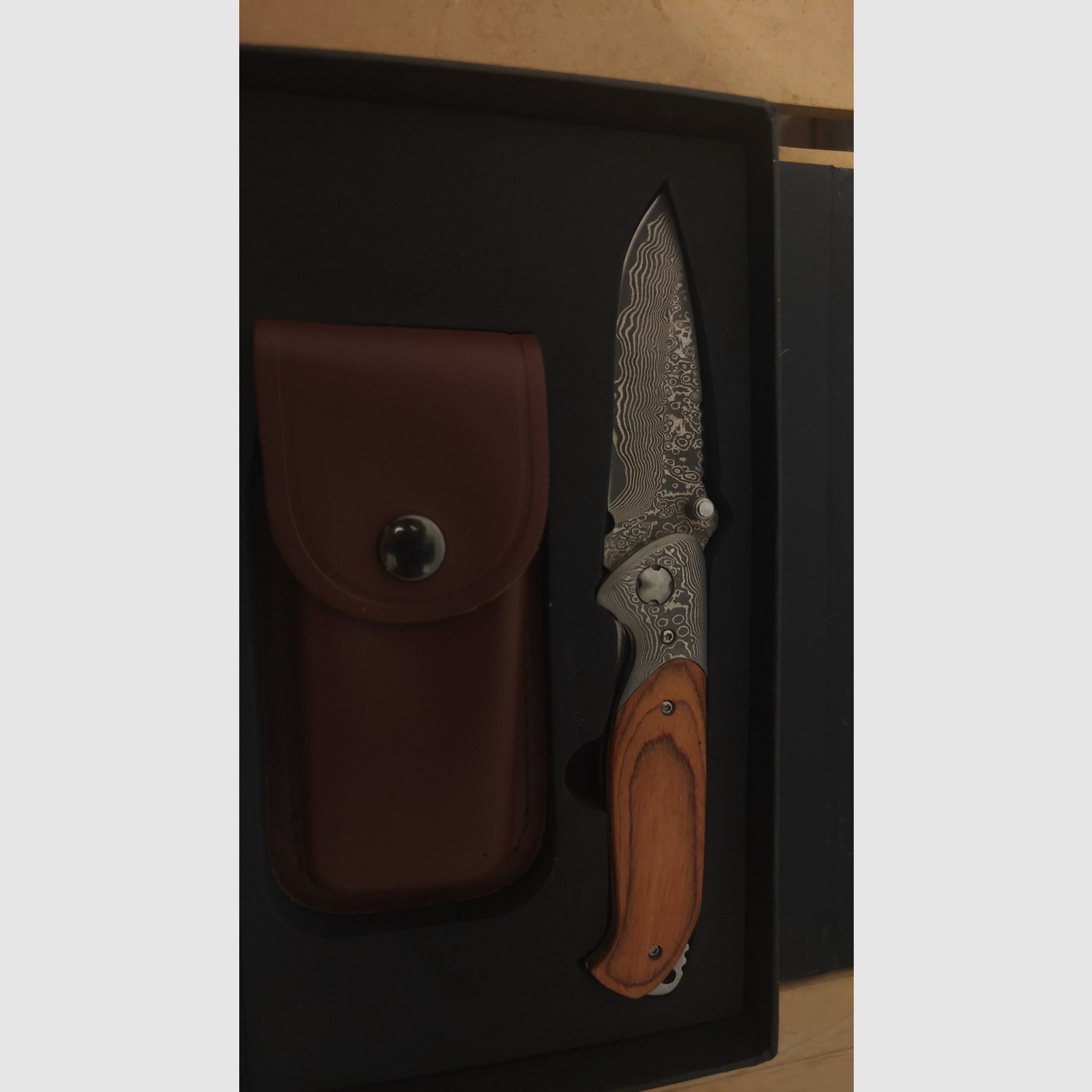 Damastmesser, klappbar, Holzgriff, Lederscheide, Bild 4 von 5