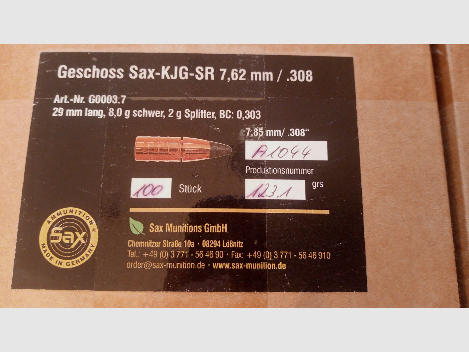 240 SAX KJG SR 7.62 / .308 projectiles 123.1gr 8.0g 2.0g fragments 29mm long BC: 0.303