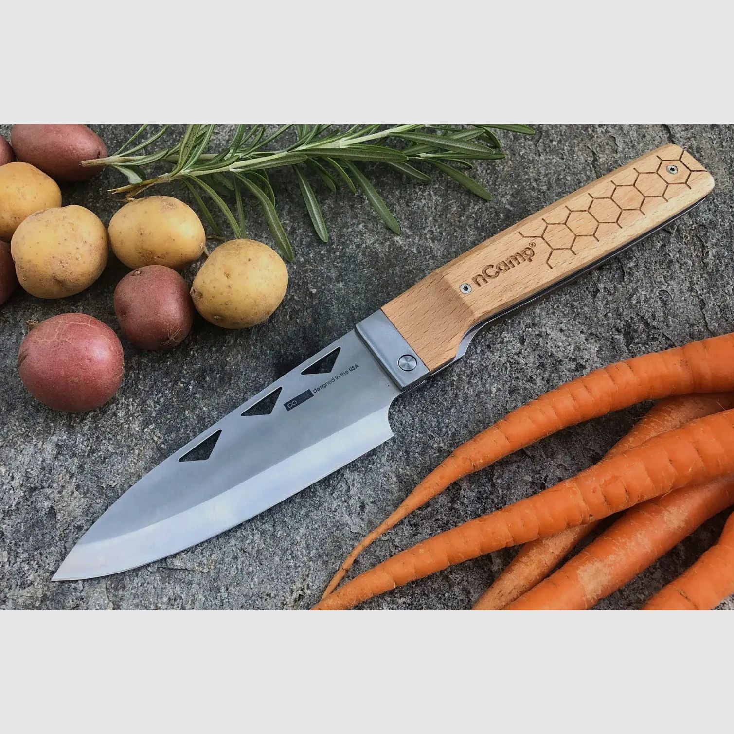 nCamp Premium Kochmesser (9cr18Mov Klinge/Buchengriff) mit Nylontasche