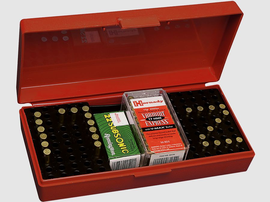 MTM Scatola per Competizioni Calibro Piccolo SB-200-32 marrone-rossiccio con coperchio a ribalta per 100 cartucce .22 LR