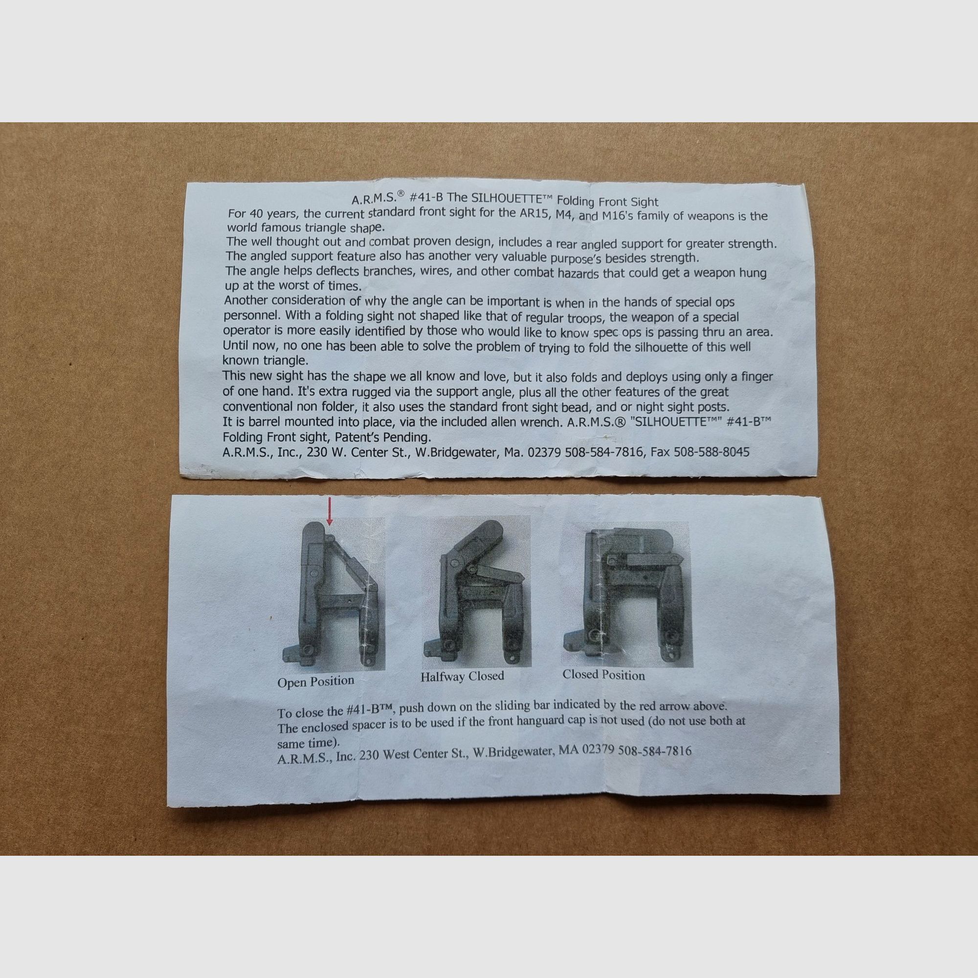 *RARA* A.R.M.S. - Sistema de riel #50-C con miras de gas plegables #41-BL y miras traseras #40-L - AR15 de los 2000