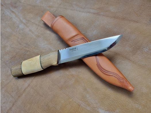 Jasny nóż outdoorowy model 90 Brokar orzech, drewno brzozowe, skórzana pochwa