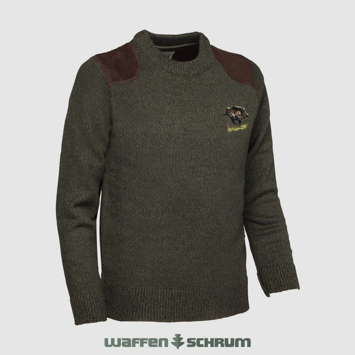 Pullover in percussione con ricamo cinghiale khaki
