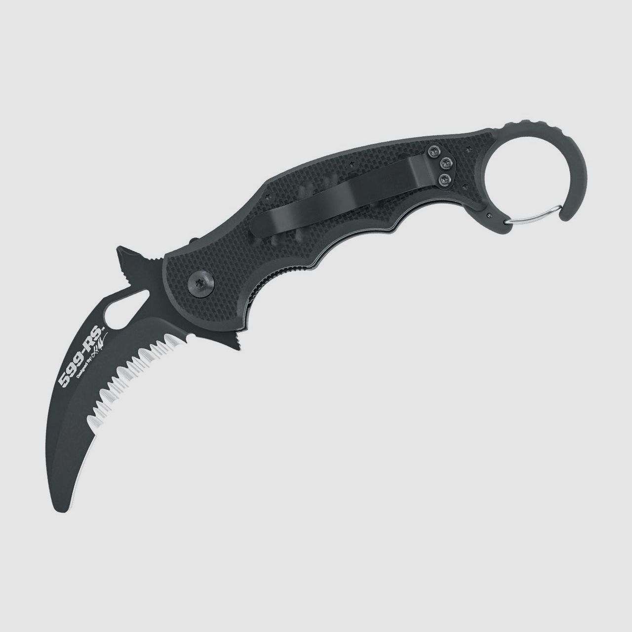 Nóż wielofunkcyjny Rescue Kerambit Black z częściowym ząbkowaniem, wkrętak krzyżakowy, łamacz szkła