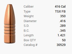 Balle Barnes .416/.416 350GR TSX HP FB 50 pièces