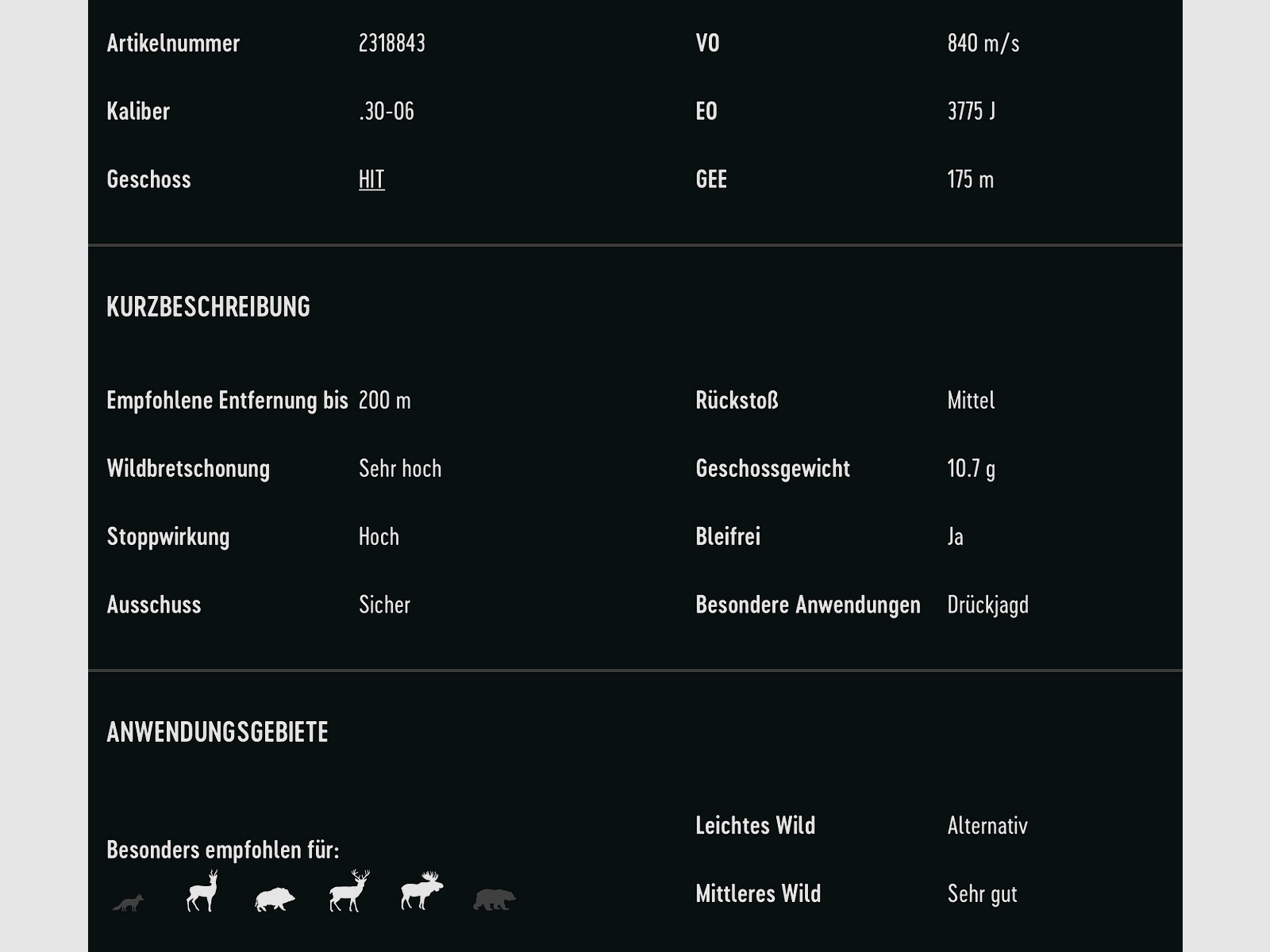RWS 2318843 Büchsenpatronen .30-06 Spr. HIT 10,7g 165grs. Bleifrei