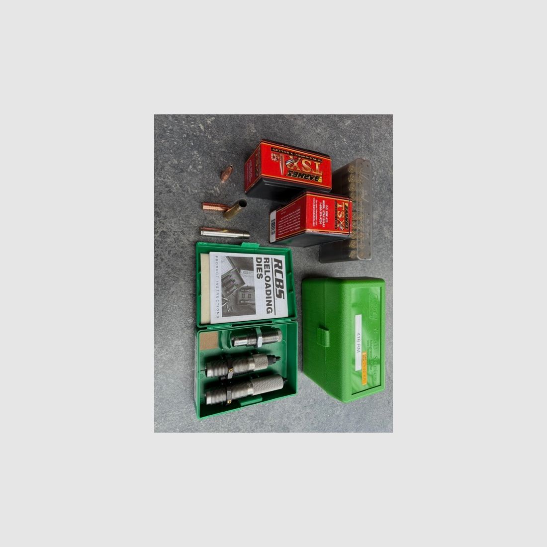 RCBS die set for caliber .416 Remington Magnum with cases and bullets