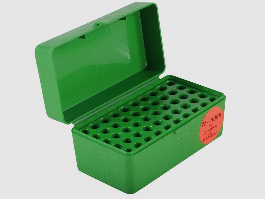 MTM cartridge box 22-HORN-10 green with flip lid for 50 cartridges .22 Hornet and others.