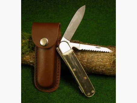JAGDMESSER original " LEEGEBRUCH " 2 pièces, scie et lame avec manche en bois de cerf et étui en cuir, lame fixe en acier 440
