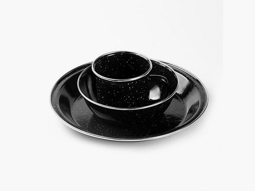 Kleines Emaille Camping-Geschirr-Set 3tlg in Schwarz - Tasse + Teller + Schüssel