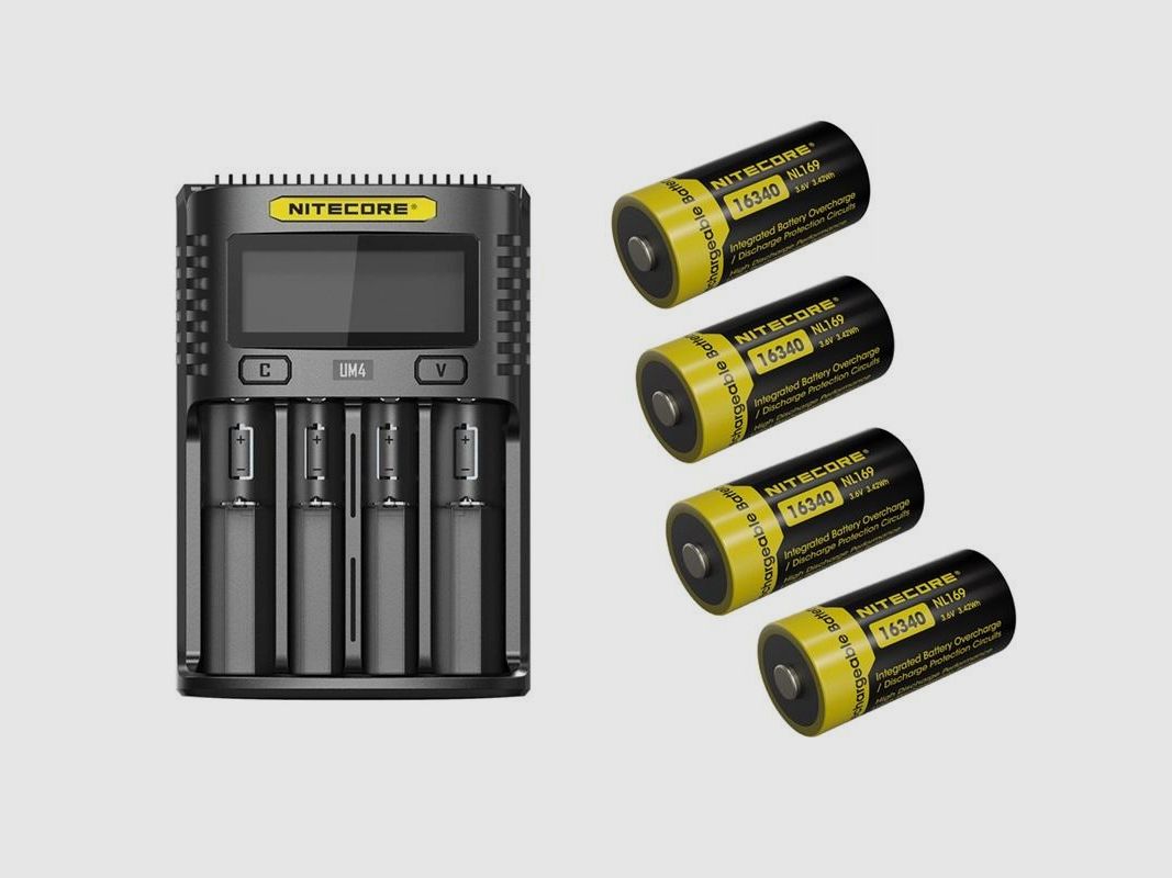 Nitecore Akku Bundle UM4 USB-Ladegerät + 4x 16340 950mAh Akkus