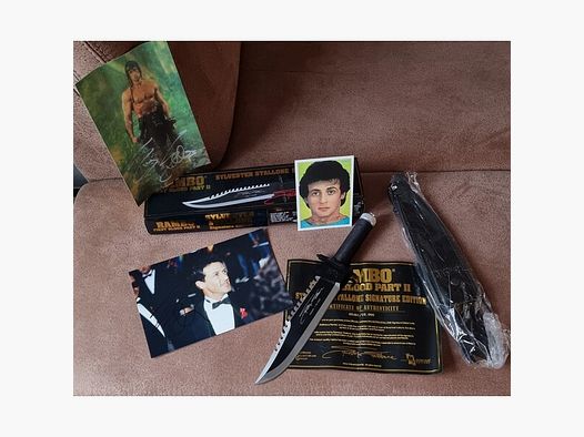 Original Signatur von Silvester Stallone auf Foto+RAMBO Messer First Blood Part II Signature Edition