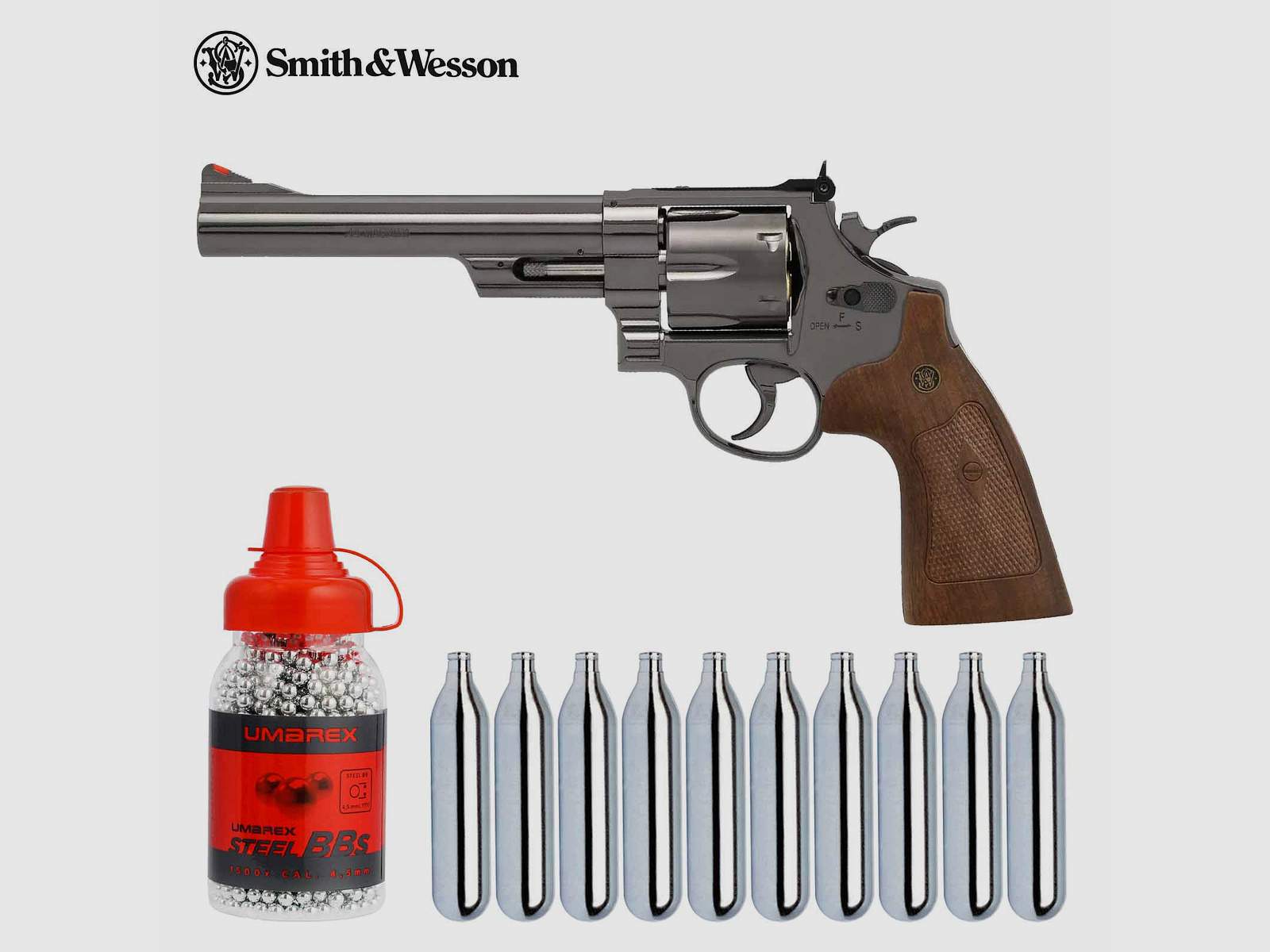 Luftpistolenset Smith & Wesson M29 6,5 Zoll Hochglanzbrüniert Co2-Revolver Kaliber 4,5 mm BB (P18)