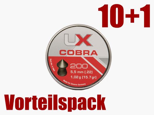 10+1 GRATIS x 200 StĂĽck Umarex Cobra Diabolo, Spitzkopf, geriffelt, 1,02 g, Kaliber 5,5 mm