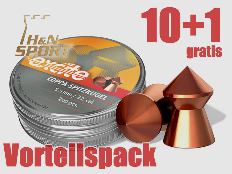 10+1 GRATIS x 200 StĂĽck H N Spitzkopf-Diabolo EXCITE COPPA Spitzkugel, verkupfert, Kal. 5,50 mm