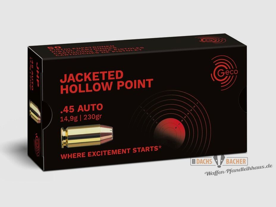 GECO .45 Auto JHP Jacketed Hollow Point 14,9g/230gr 50 cartouches, image 1 sur 2