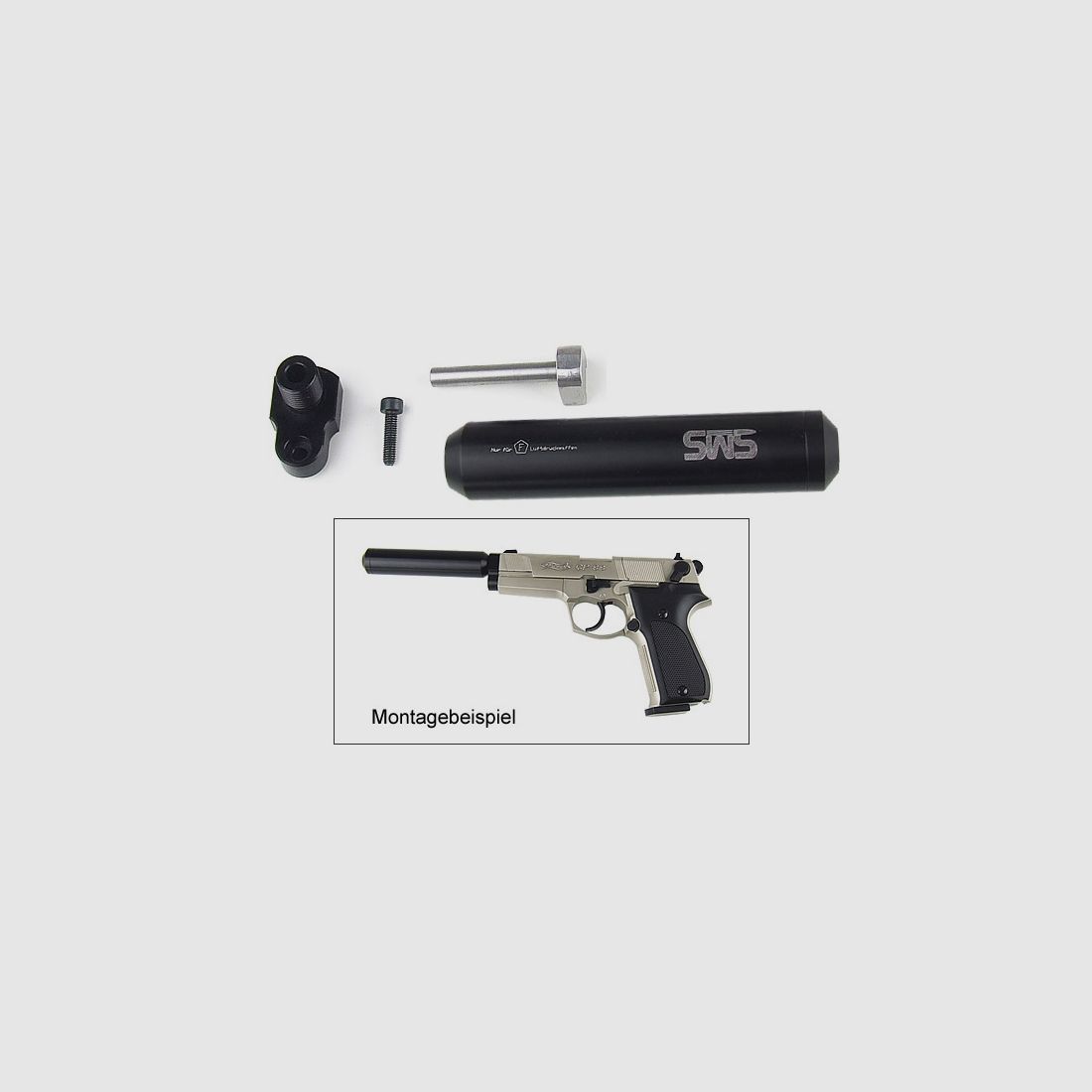 Adapter und schwarzer SchalldĂ¤mpfer fĂĽr CO2 Pistole Walther CP88 (P18)