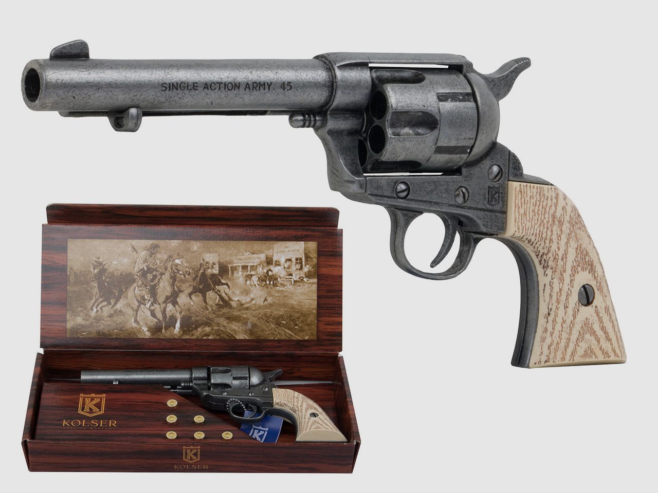 Deko Revolver Kolser Colt SAA .45 Peacemaker USA 1873 5,5 Zoll antik grau weiĂźe Griffschalen