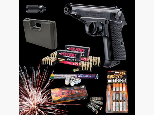 SILVESTER MEGASET !!! Schreckschuss - Pistole - Walther PP - 9 mm P.A.K. inkl. Koffer, 100 Platzpatronen & 52 Schuss Effektmunition