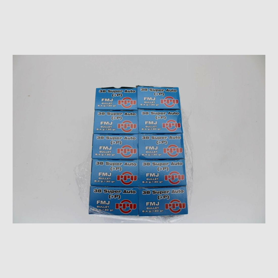 500 Schuß PPU .38 Super Auto P+ mit 8,4gramm 130grs. FMJ 10x50er Pack