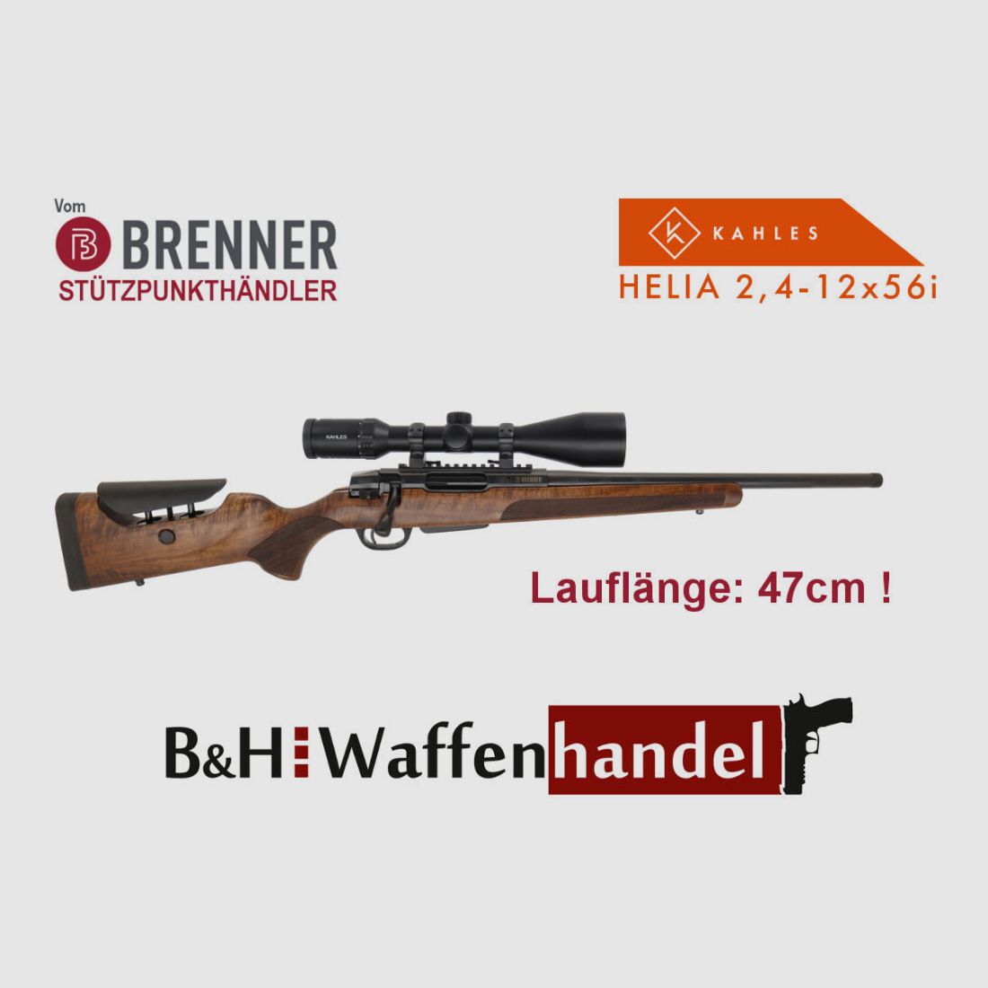 Brenner Komplettpaket:	 Repetierbüchse BR20 L.E. (verstellbarer Schaftrücken, LL 47cm) mit Kahles Helia 2.4-12x56i Komplettset