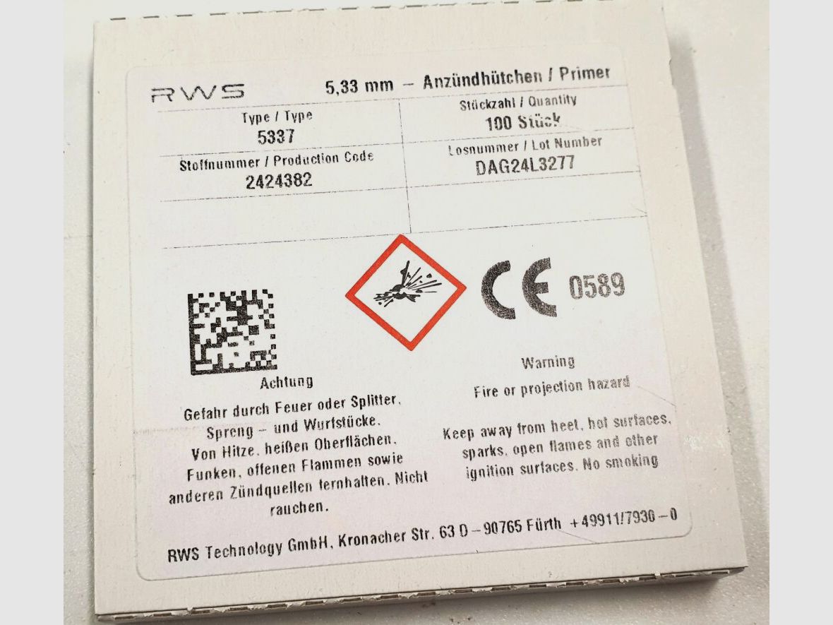 RWS cápsulas de percusión RWS 5,33mm Tipo 5337, Pistola Grande