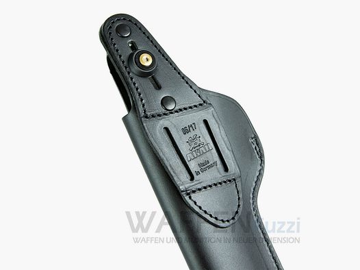 Leather belt holster with clip for revolvers up to 6 inches adjustable button closure