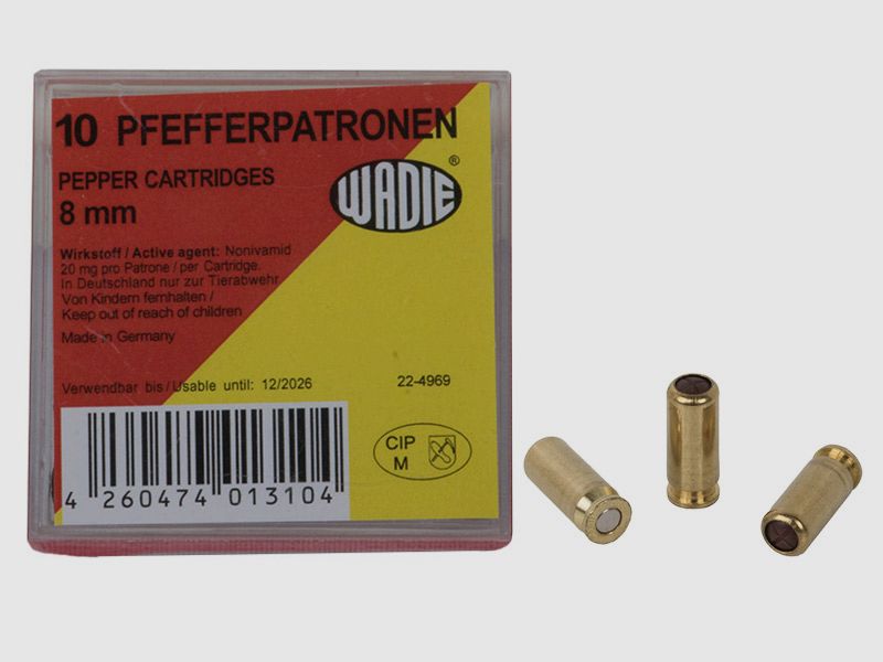 Pfefferpatronen Abwehrpatronen Wadie Kaliber 8 mm PV fĂĽr Pistolen 20 mg Wirkstoff 10 StĂĽck (P18)