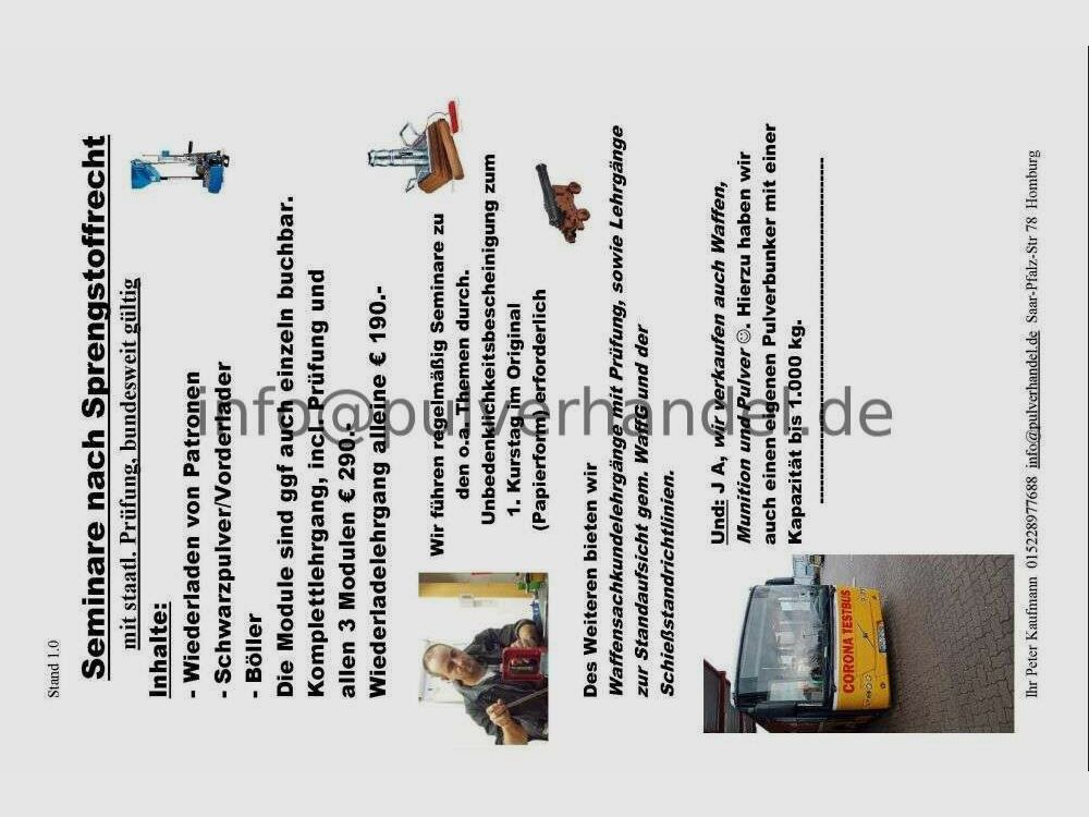 Böllerschein Fachkunde für § 27 Erlaubnis. Pulverschein +Schwarzpulver+Bö Pulverschein, Modullehrgang Lehrgang Fachkunde mit Prüfung