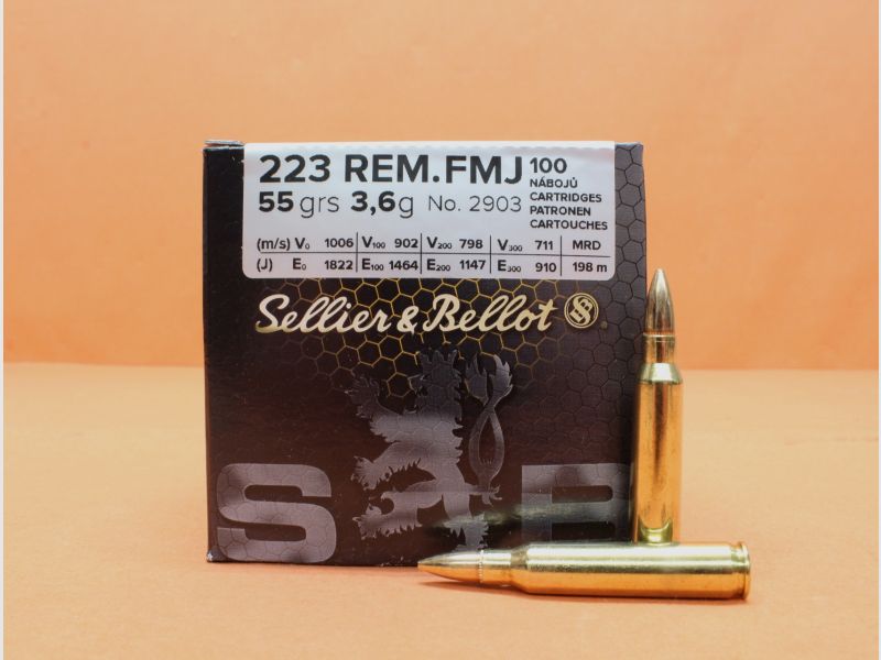 Patrone .223Rem S&B/ Sellier&Bellot 55grs FMJ (2903) VE 100 Patronen/ 3,6g Vollmantel