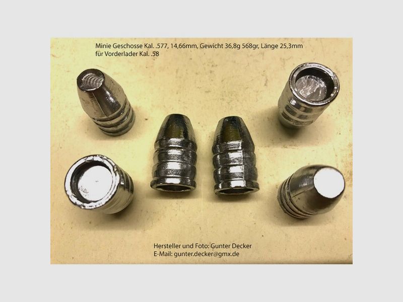 Minie Geschosse Kaliber .577 14,66mm 36,8g 568gr Länge 25,3mm Vorderlader Gewehre Kal. .58