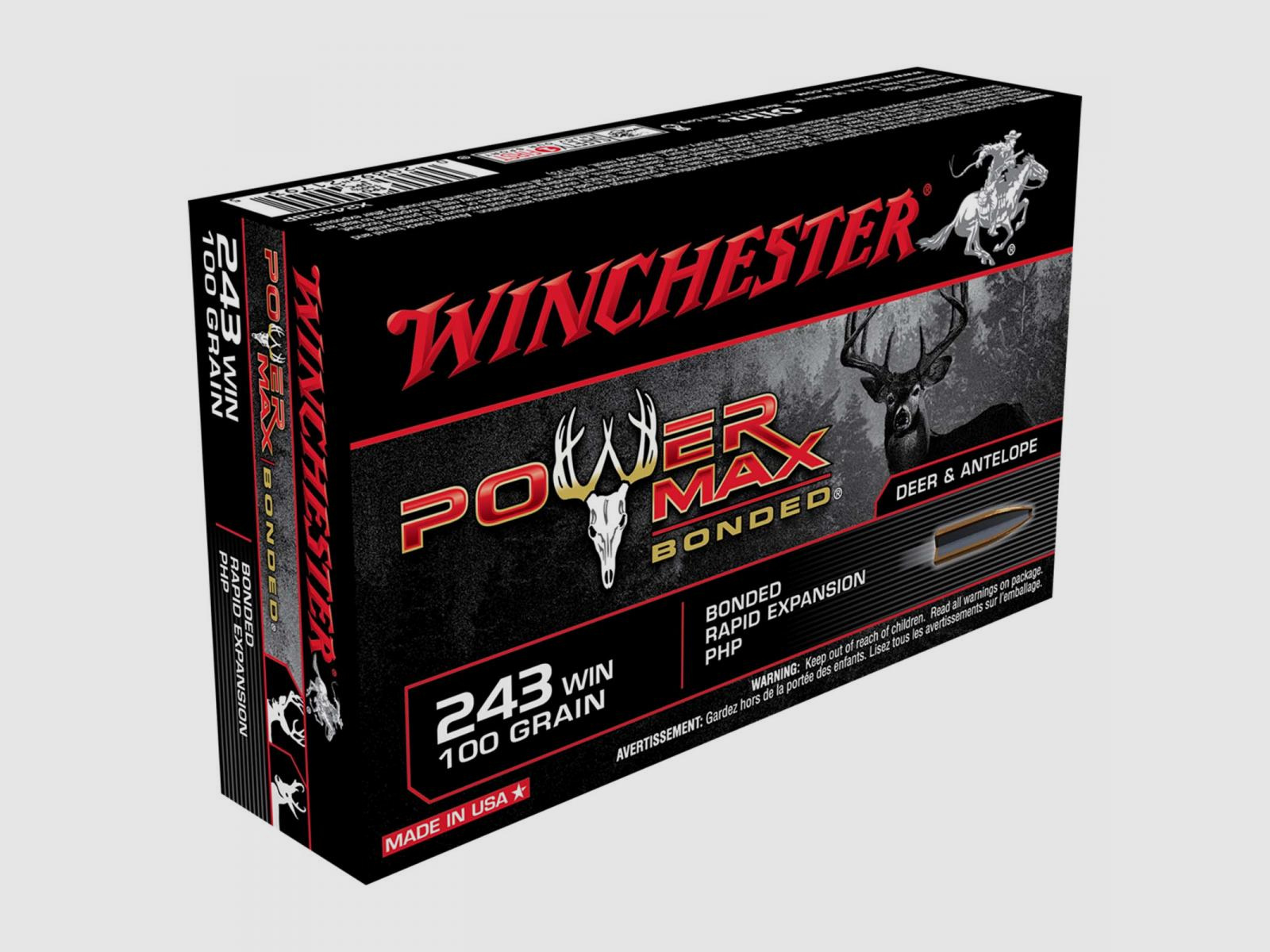 Winchester Power Max Bonded .243 Win. 100GR Bonded Rapid Expansion PHP 20 cartridges