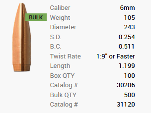 Balle Barnes 6mm/.243 105GR Match Burners BT 100 pièces