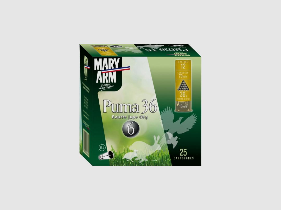 PACKUNG MIT 25 PATRONEN MARY ARM PUMA 36G BOURRE JUPE KAL. 12/70 BLEI 6, Bild 1 von 2