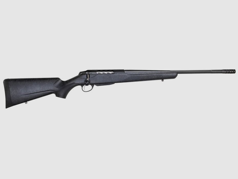 TIKKA T3x LITE ROUGHTECH BLACK .308 Win., schwarz, Lauflänge 20" kanneliert mit Mündungsbremse, Verschluss kanneliert, Drall 10", Direktabzug, 3 Schuss, schwarzer Synthetikschaft mit weißem Dekor, ohne Visierung, MG 5/8"-24, Bild 1 von 2
