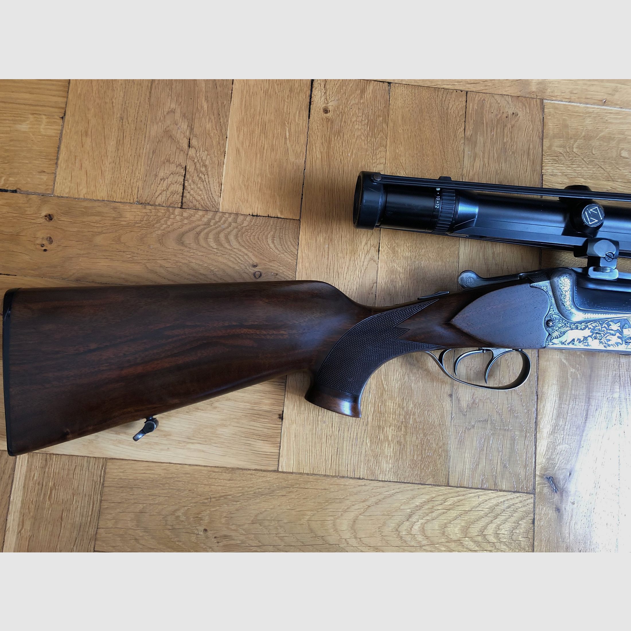 Bockdoppelbüchse Merkel BDB 221E 8x57JRS / Zeiss Diavari 3-12x56 (incl. verwisselbare lopen: BBF 7x57 R & 12/70 en BF 12/70 ) Bj. 1988