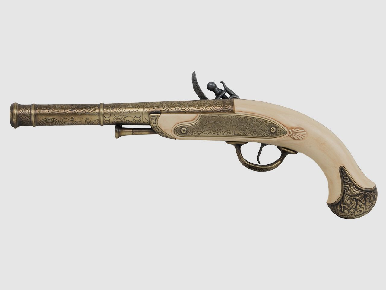 Deko Steinschlosspistole Queen Anne England 17 Jahrhundert 8 Zoll messing  grau Elfenbeinimitat
