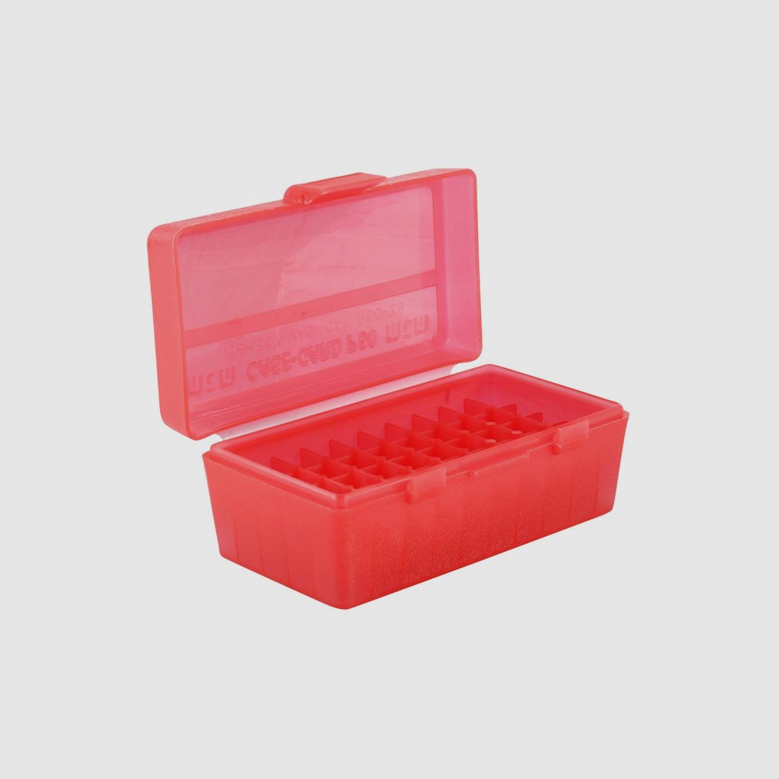 MTM scatola per cartucce P50-38-29 rossa trasparente con coperchio a ribalta per 50 cartucce .38 Spec. e altre.