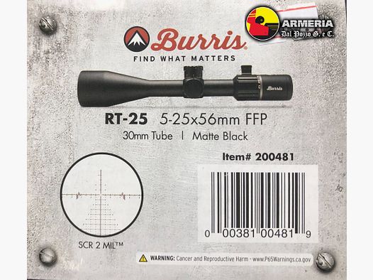 BURRIS RT-25 5-25×56 RETICOLO SCR2 MIL