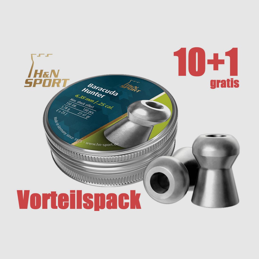 10+1 GRATIS x 150 StĂĽck H N Jagd-Diabolo BARACUDA HUNTER, Kal. 6,35 mm, 1,78 g