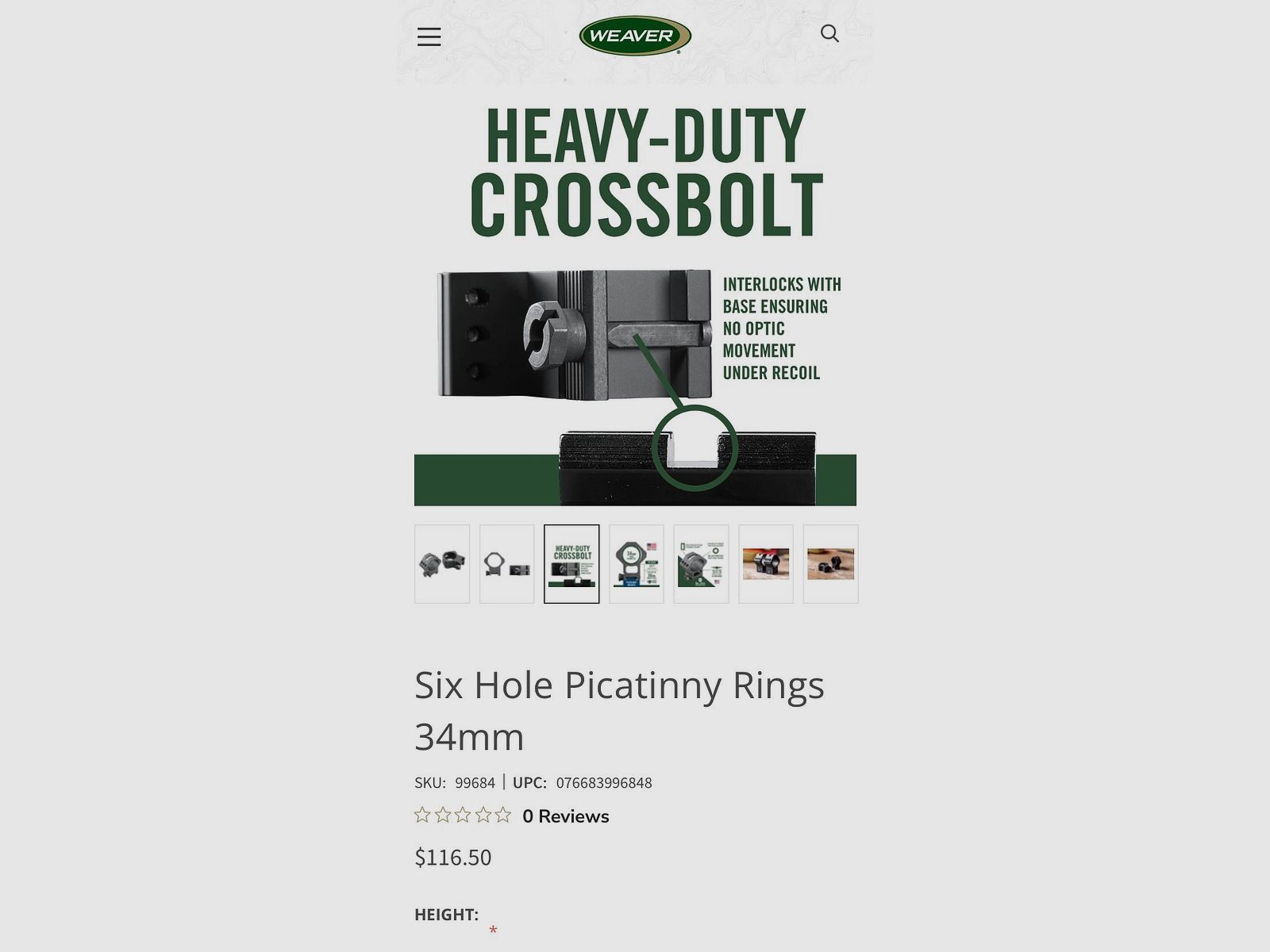 Weaver Tactical 6-Hole Picatinny Ring 34 mm Hoog