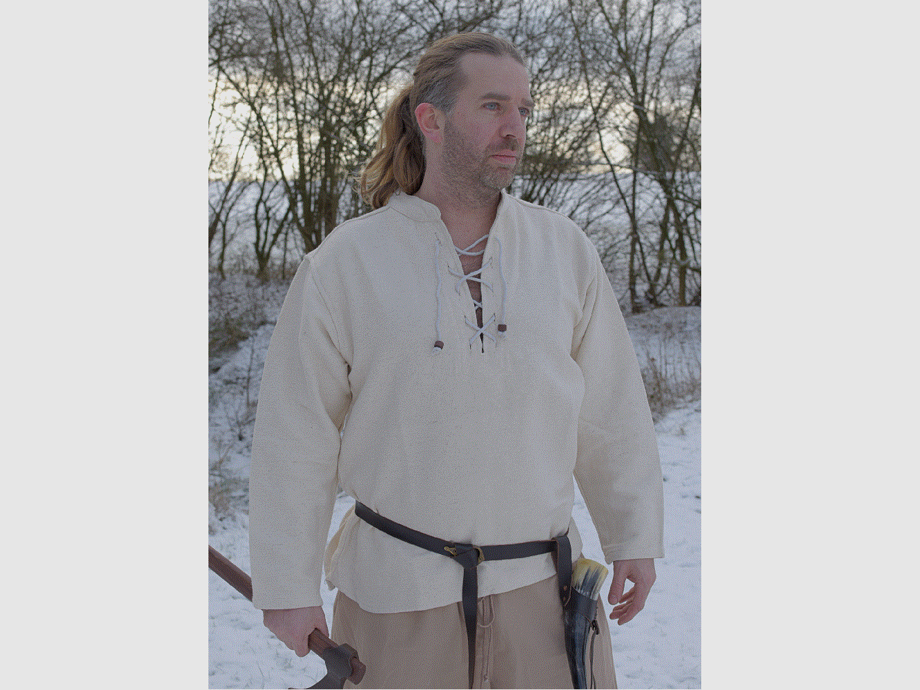 Camicia medievale pesante, lacciabile, tessuta a mano, naturale