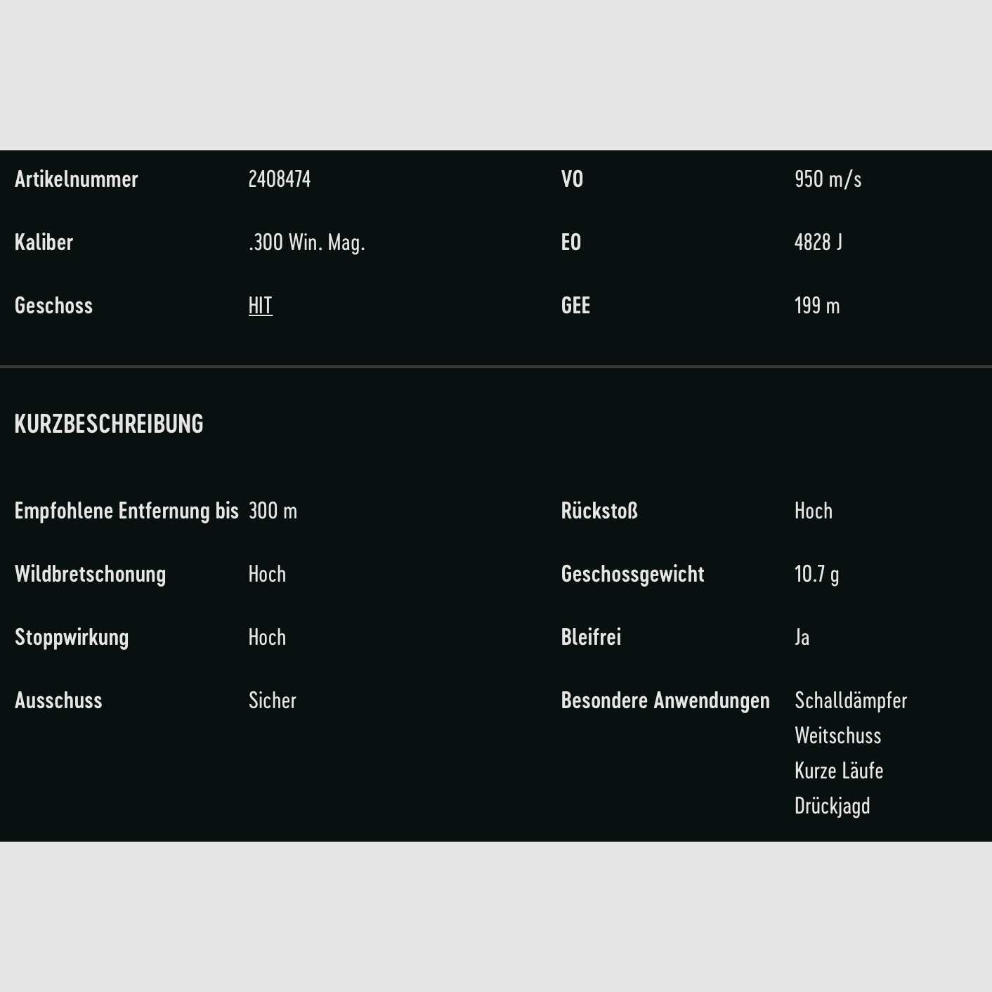 RWS 2408474 Büchsenpatronen .300 Win. Mag. HIT Short Rifle 10,7g 165grs. Bleifrei
