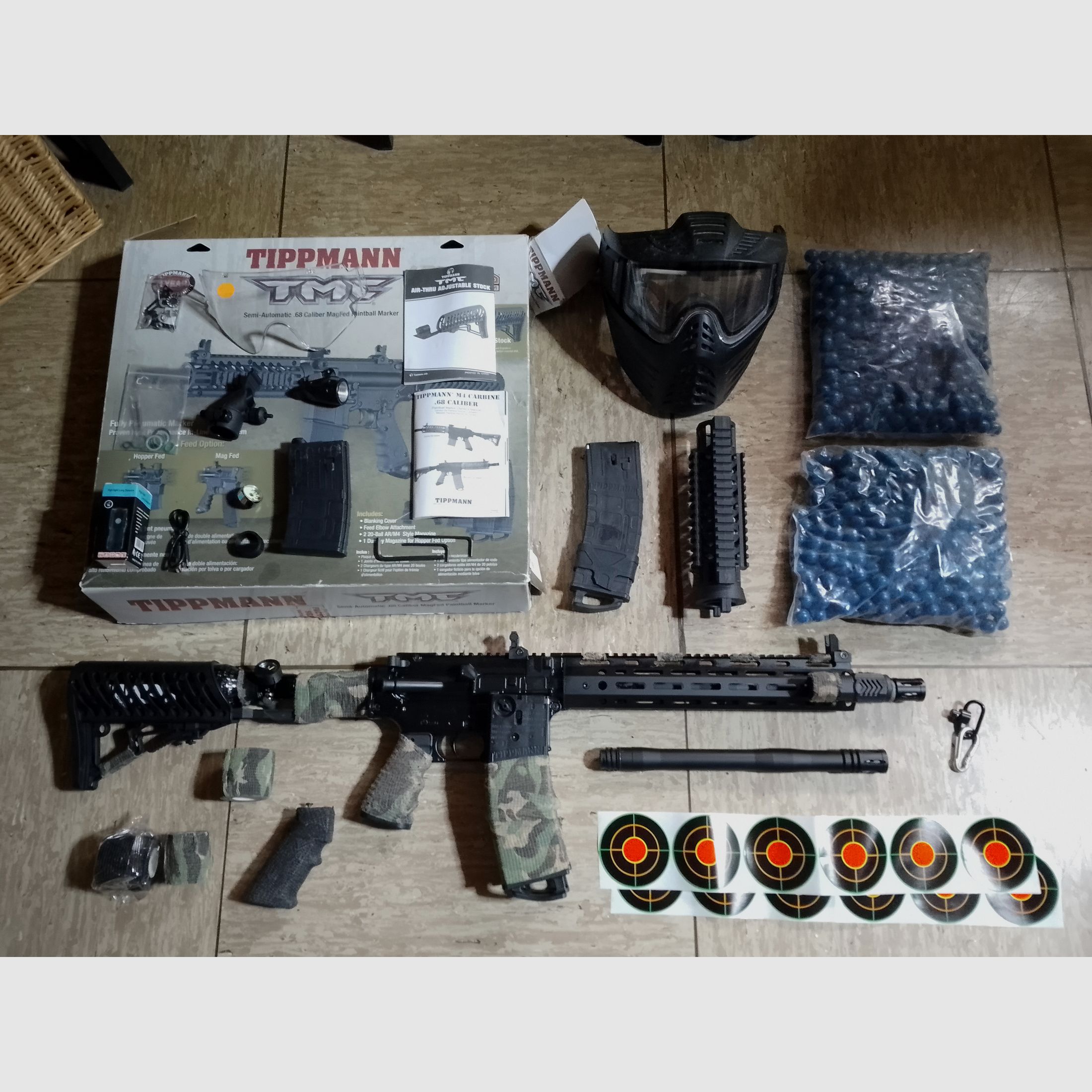 Tippmann Tmc Elite marker .68 accessories tuning barrel 1000 pcs. paintballs cal 68 set LED lamp 3 magazines mask original packaging