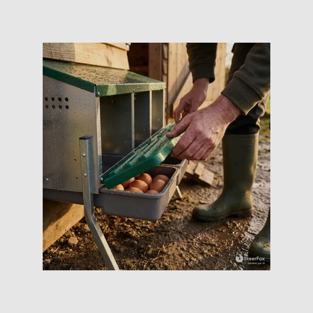 Eierablage mit 4 Nestern auf Stahlfüßen - Automatische Eierrettung, Bild 1 von 10
